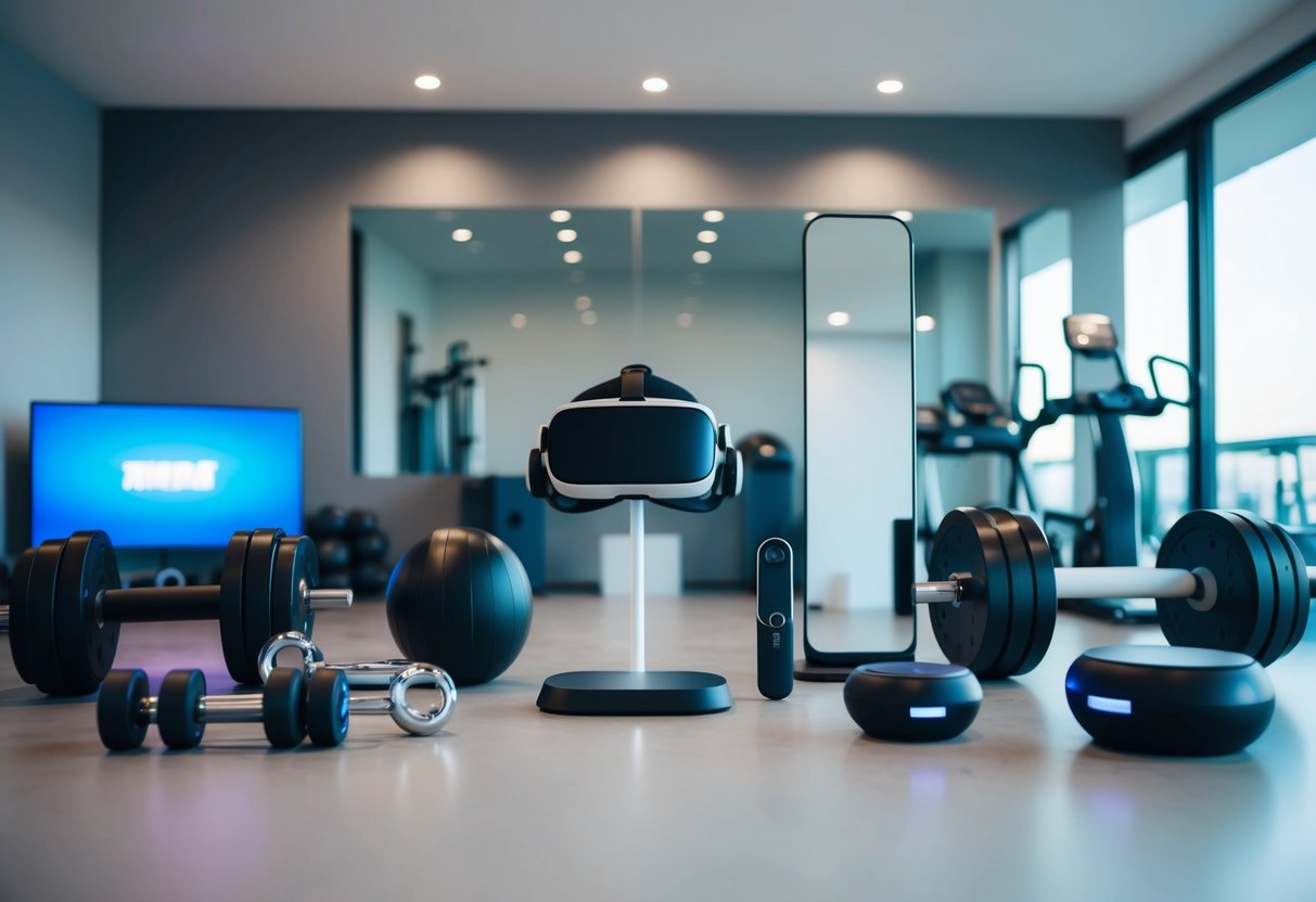 Various tech gadgets surround a spacious, modern home gym. A virtual reality headset, smart weights, and a sleek interactive mirror are among the innovative equipment