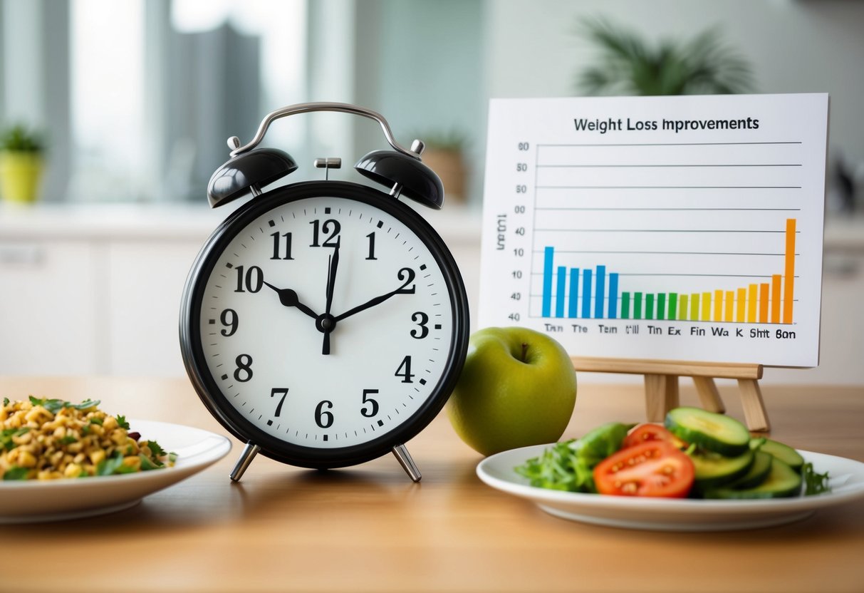 A clock showing different times of day, a plate of food, a person exercising, and a graph showing weight loss and health improvements