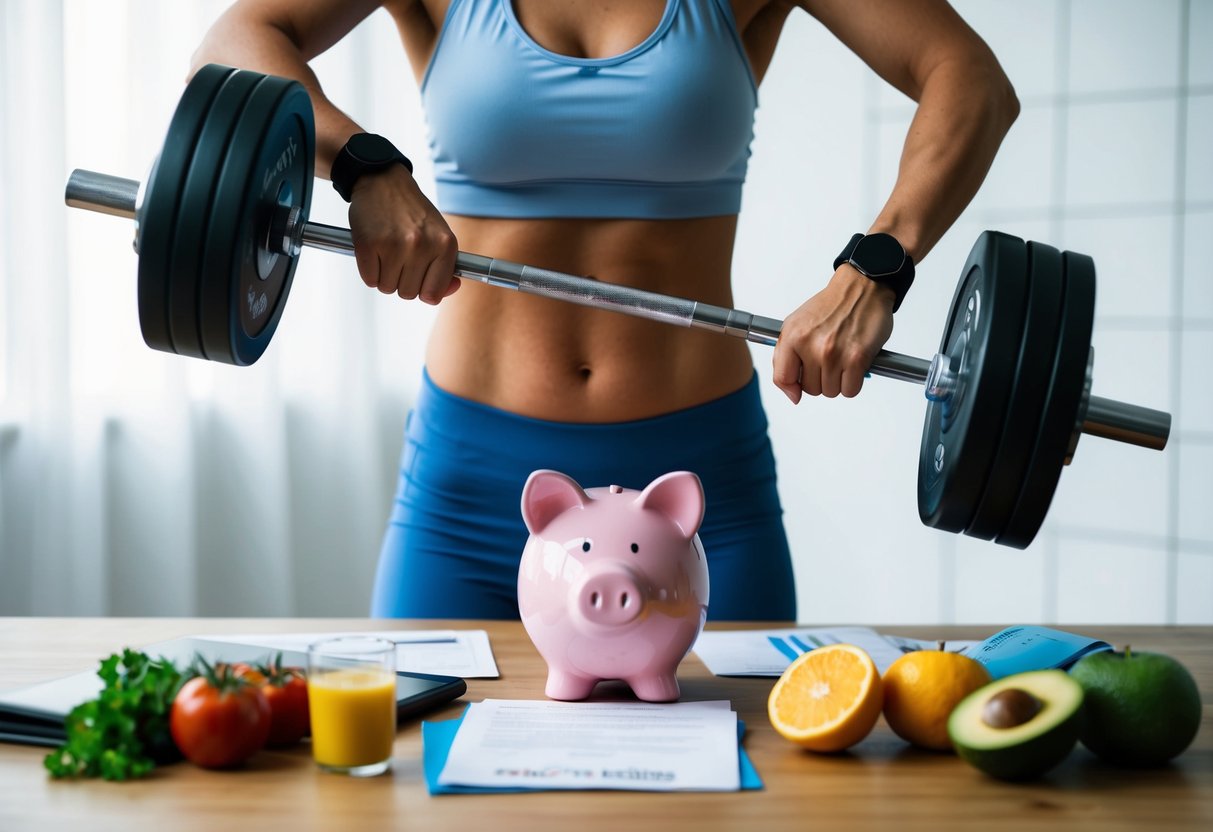 A person exercising with a weight in one hand and a piggy bank in the other, surrounded by healthy food and financial documents