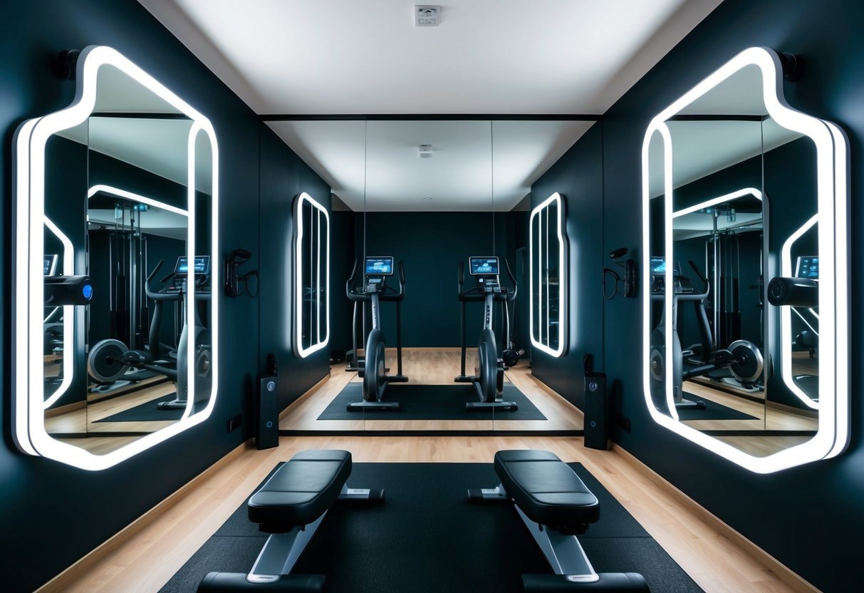 A sleek, modern home gym with interactive fitness mirrors and various tech gadgets for a futuristic workout experience in 2023