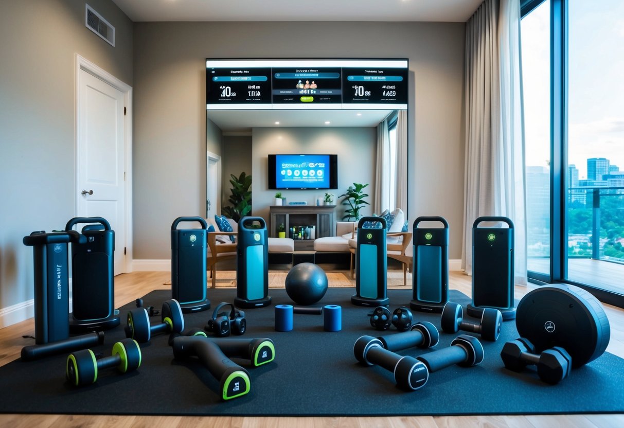 A modern living room with various smart resistance training gadgets arranged neatly on the floor. A large smart mirror displays workout data and virtual trainers