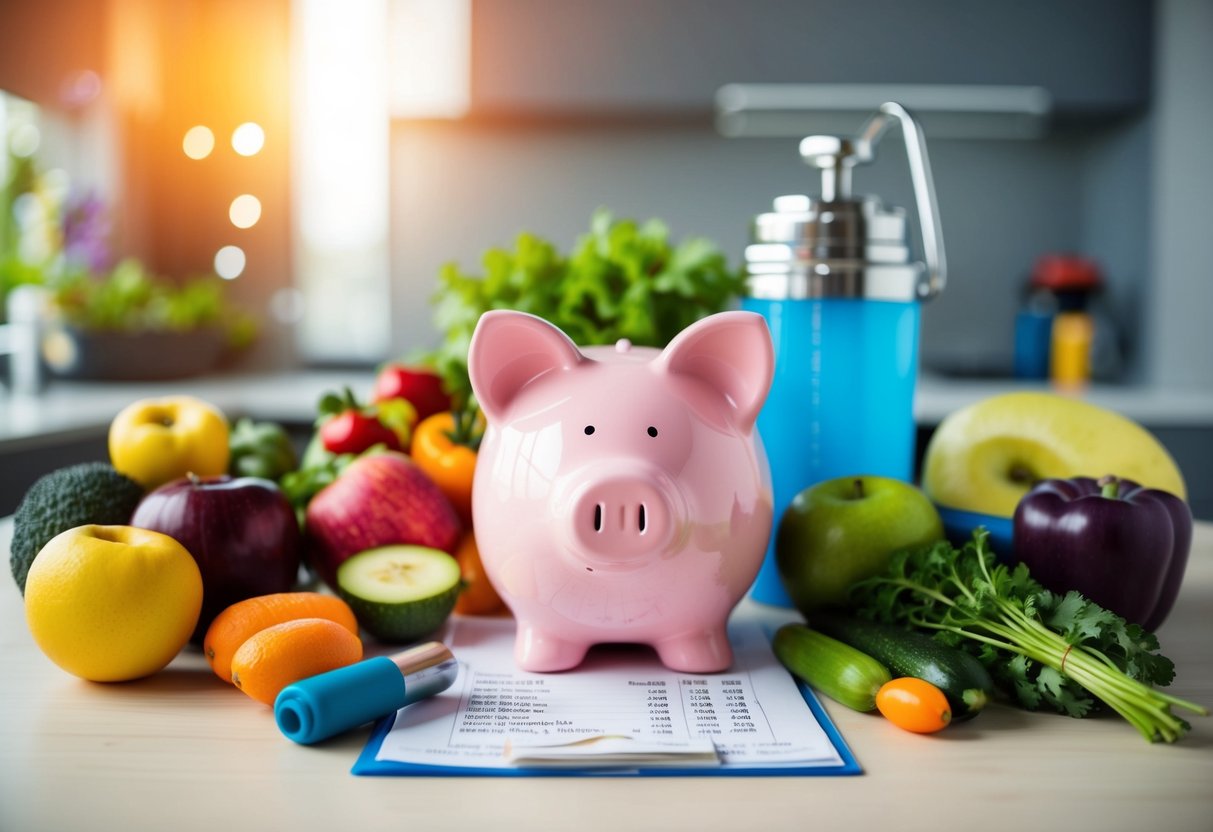 A piggy bank surrounded by fruits, vegetables, exercise equipment, and a budget spreadsheet, symbolizing the connection between healthy living and financial stability