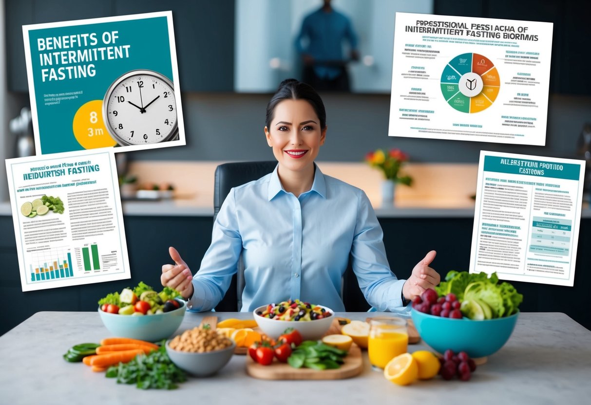 A person sitting at a table with a variety of healthy foods and a clock showing a specific time, surrounded by images of medical research articles and diagrams explaining the benefits of intermittent fasting