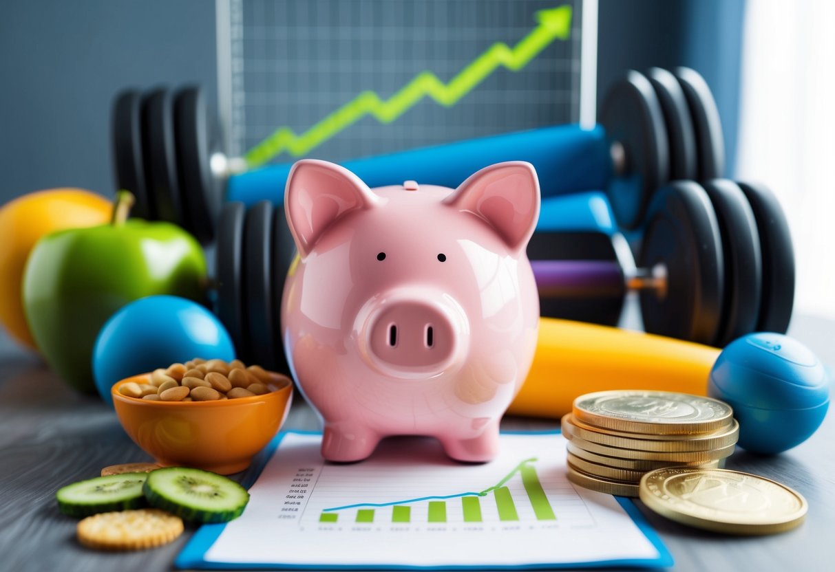 A piggy bank surrounded by exercise equipment and healthy food, with a chart showing financial growth