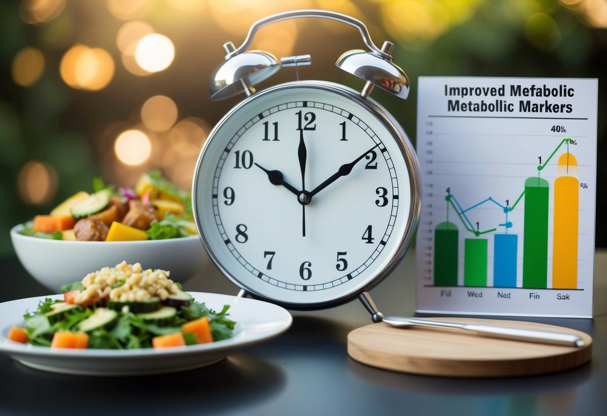 A clock showing a 16-hour fasting period, a plate of healthy food, and a graph showing improved metabolic markers