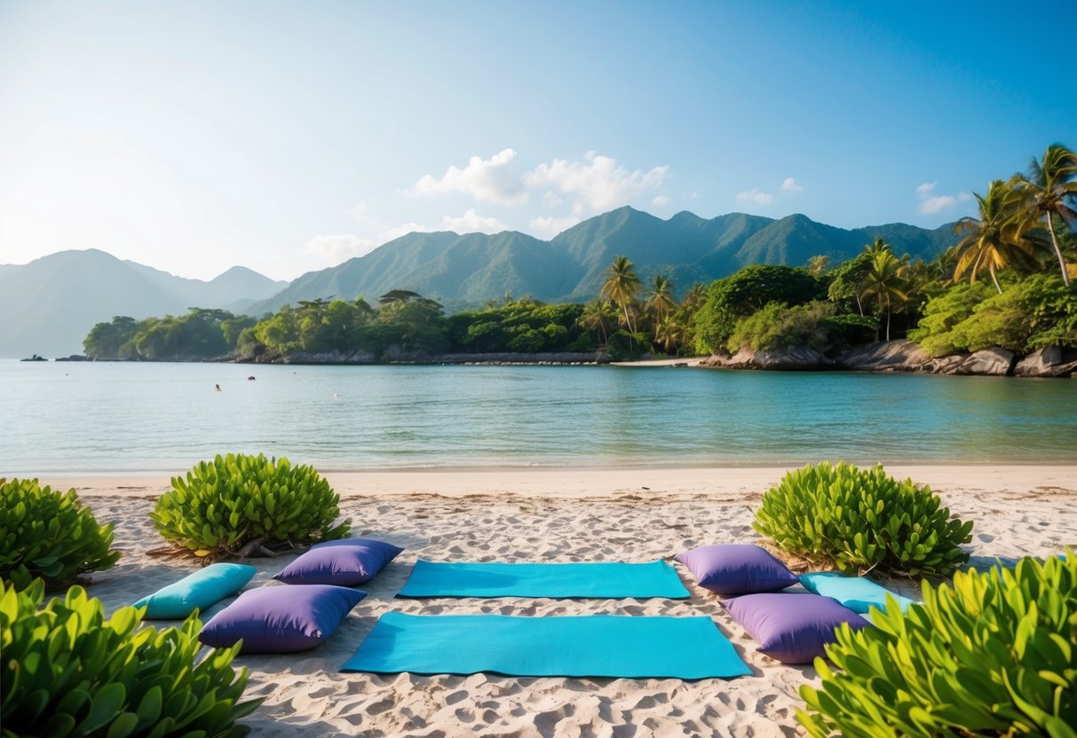 A serene beach with yoga mats and meditation cushions, surrounded by lush greenery and calm waters, with a backdrop of mountains and clear blue skies