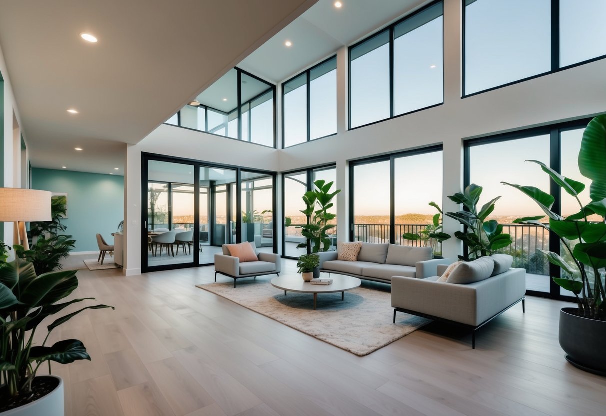 A modern, airy home with large windows, natural lighting, and indoor plants. Open floor plan with ergonomic furniture and calming color palette