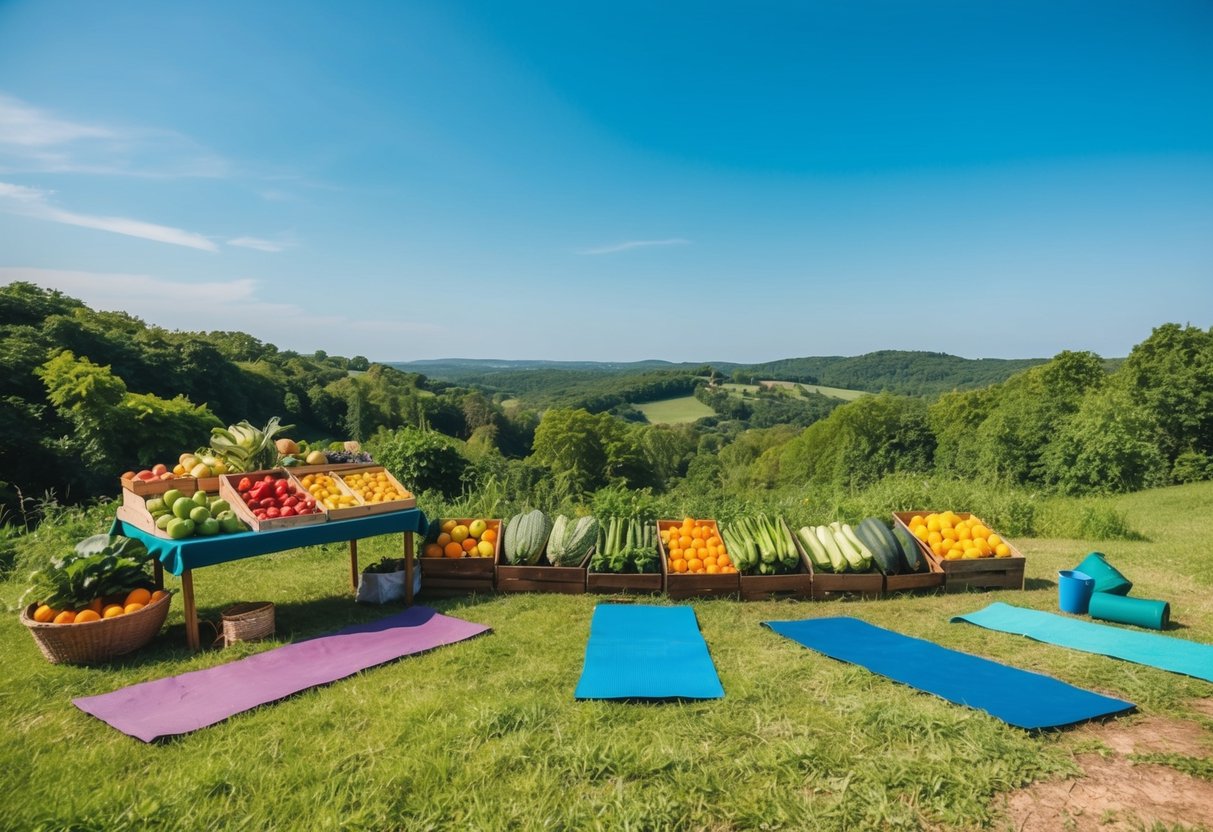 A serene landscape with a vibrant fruit and vegetable market, yoga mats, and hiking trails, surrounded by lush greenery and clear blue skies