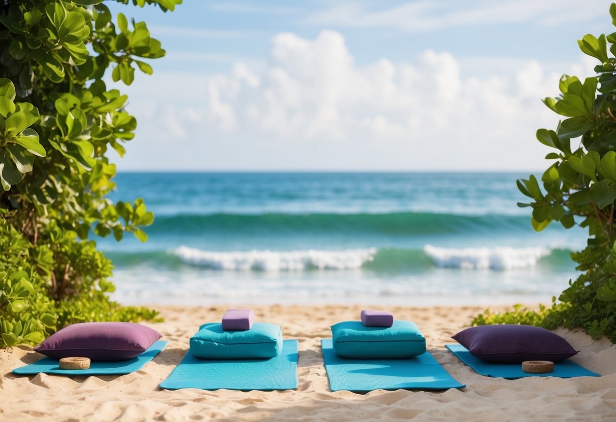 A serene beach with yoga mats and meditation cushions, surrounded by lush greenery and calming ocean waves