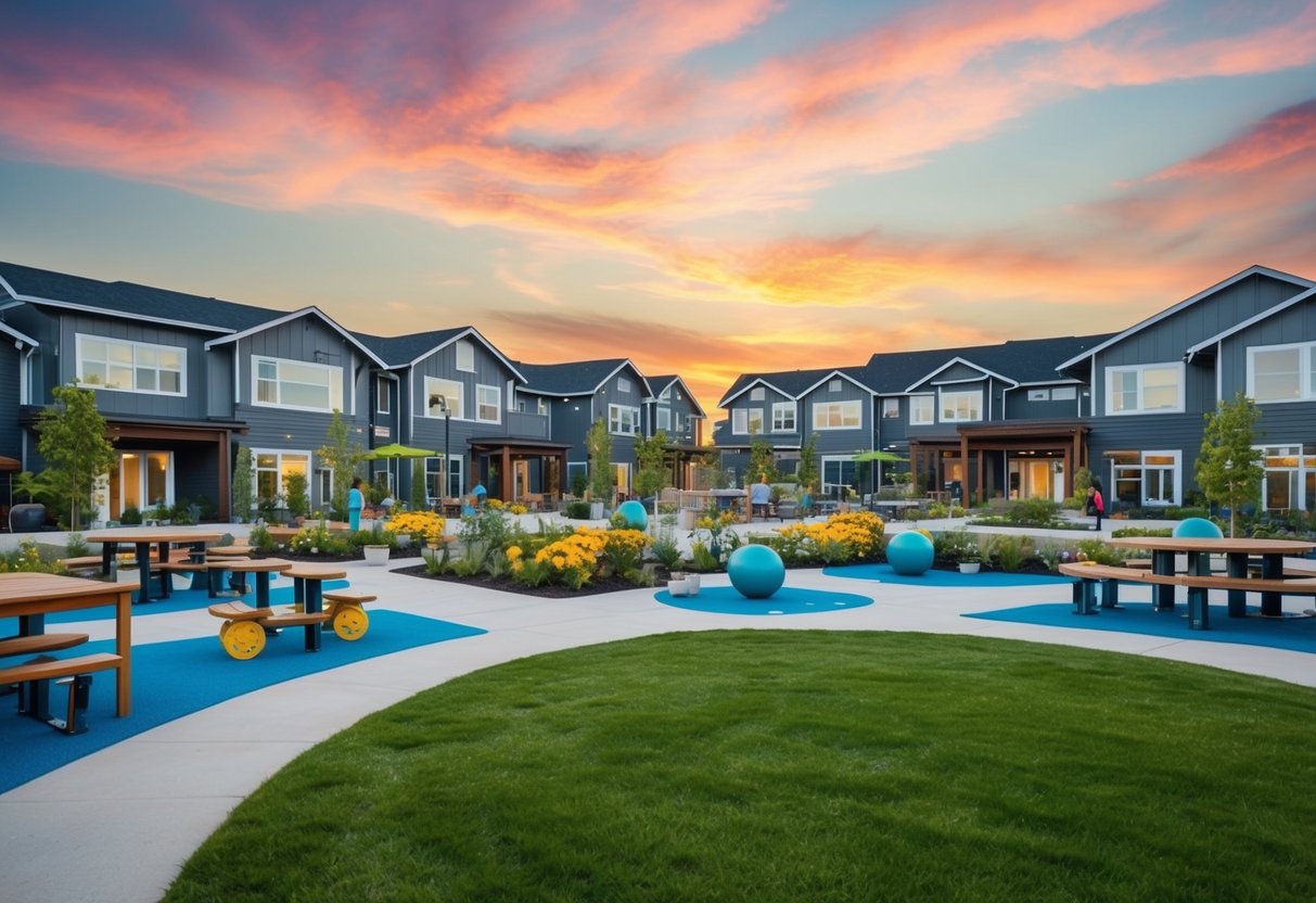 A vibrant community garden surrounded by modern homes with spacious outdoor gathering areas and exercise facilities