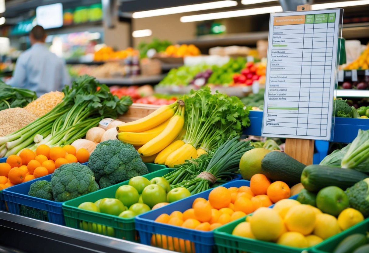 A colorful market stall with fresh fruits and vegetables, alongside whole grains and lean proteins. A budget-friendly grocery list displayed nearby