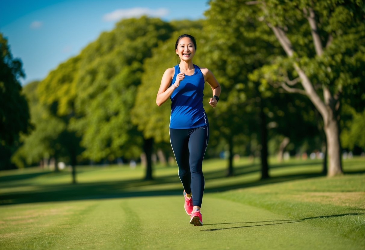 A person jogging in a green park, surrounded by trees and a clear blue sky. They are wearing sports clothing and appear to be smiling and relaxed