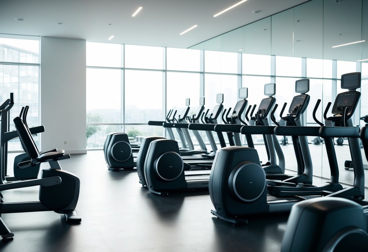 A modern, spacious room with sleek, high-tech gym equipment arranged neatly. Bright, natural light floods in through large windows, highlighting the state-of-the-art machines and smart technology