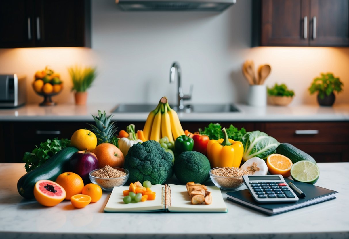 A colorful array of fresh fruits, vegetables, grains, and lean proteins arranged on a kitchen counter, with a budgeting notebook and calculator nearby