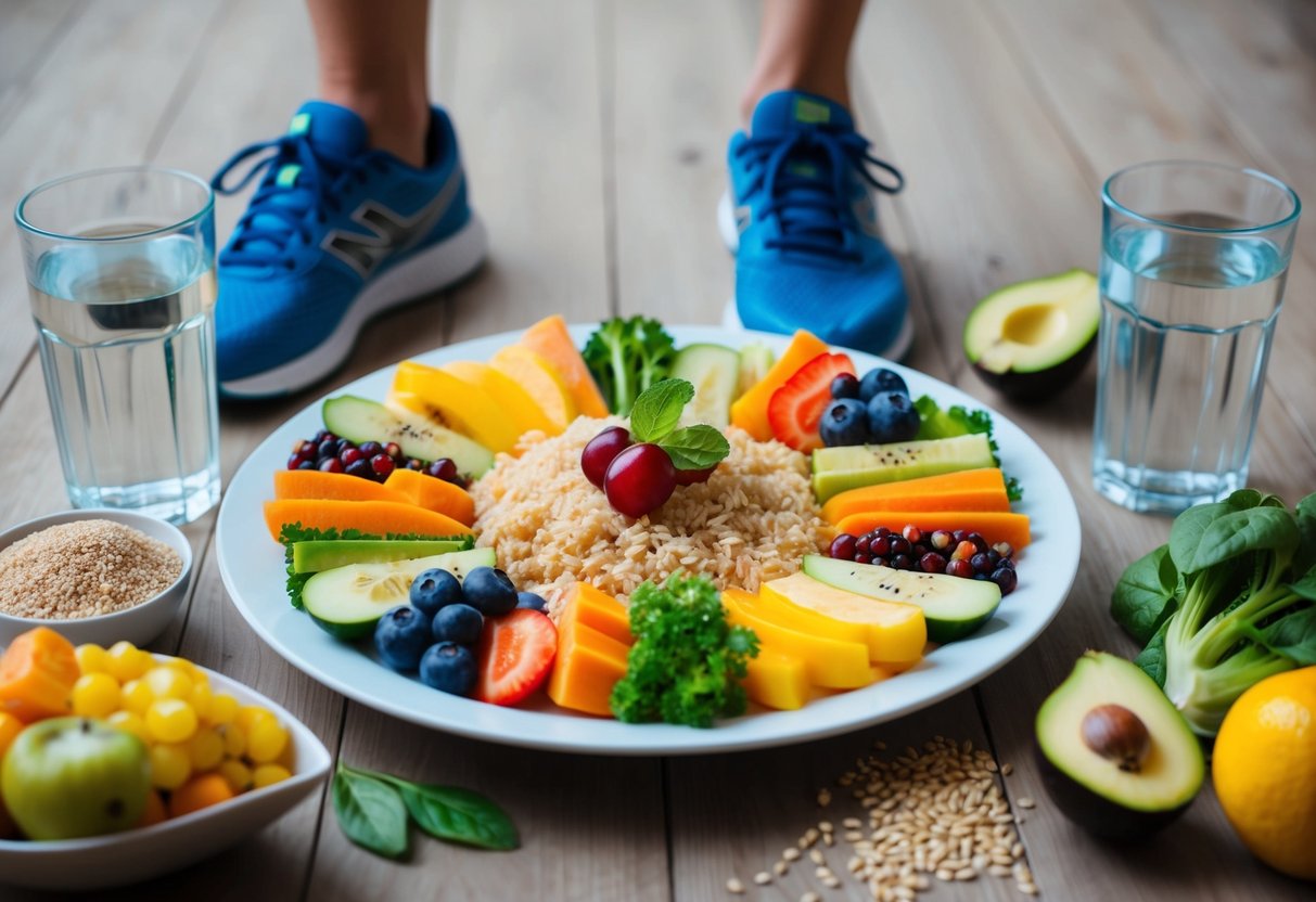 A balanced plate of colorful fruits, vegetables, lean proteins, and whole grains surrounded by a glass of water and a pair of running shoes