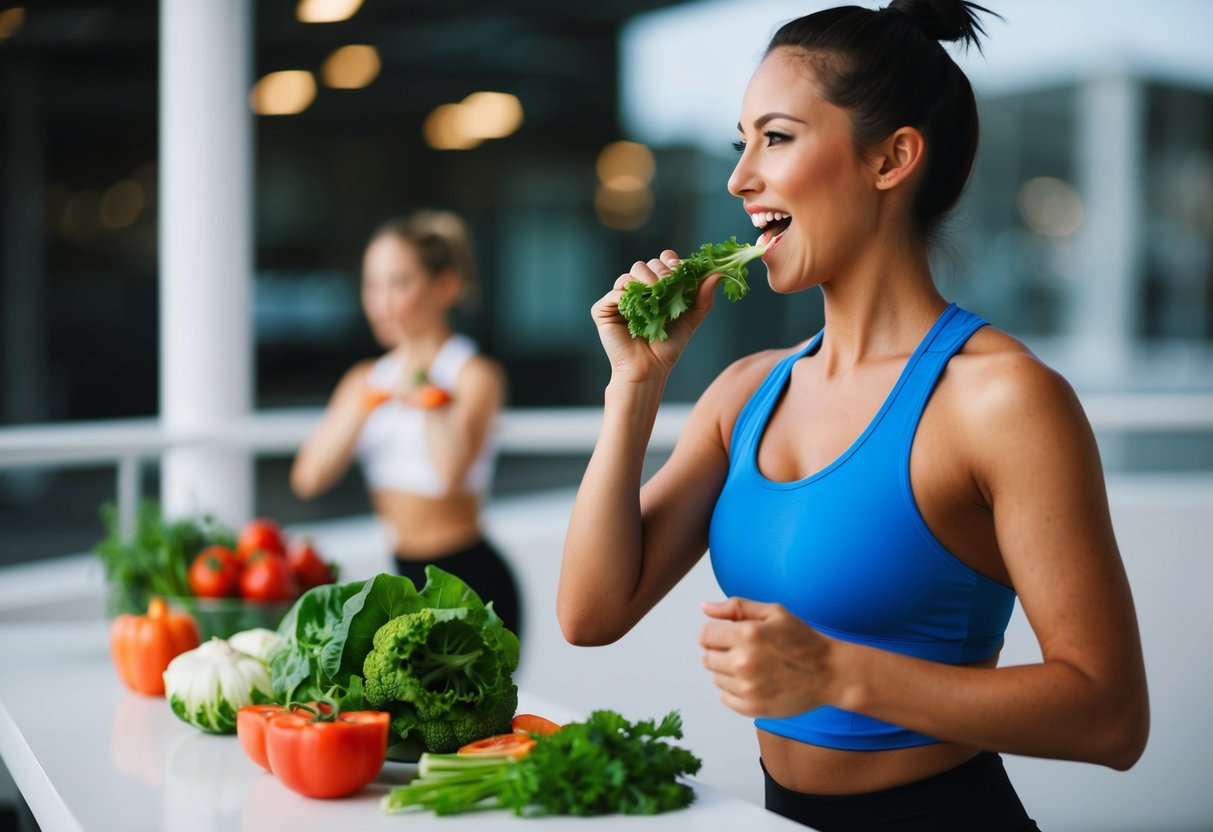 A person exercising and eating vegetables