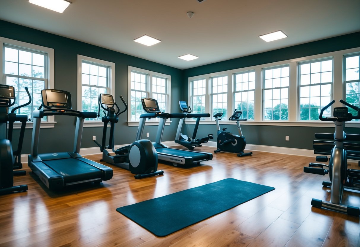 A spacious, well-lit room with hardwood floors and large windows. Various smart gym equipment, including a treadmill, weights, and a yoga mat, are neatly arranged around the room