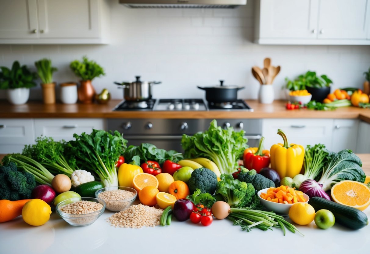 A colorful array of fresh vegetables, fruits, and whole grains spread out on a clean, organized kitchen counter. A pot simmers on the stove, filling the room with the aroma of nutritious, budget-friendly meals