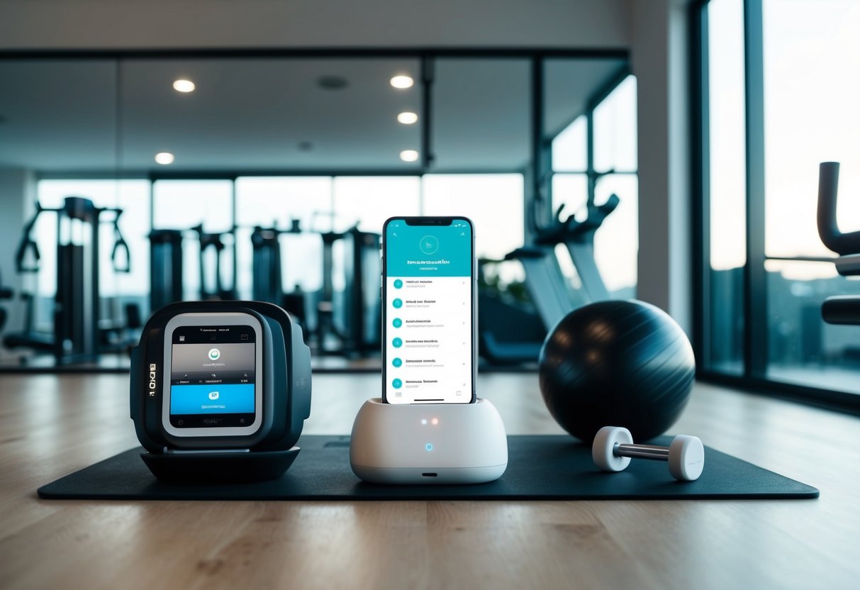 A smart home gym setup with various workout equipment and subscription services displayed in a spacious, well-lit room