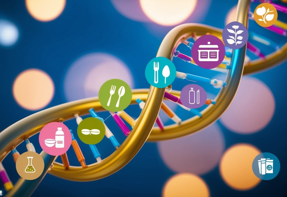 A DNA double helix with food icons intertwined, representing personalized nutrition