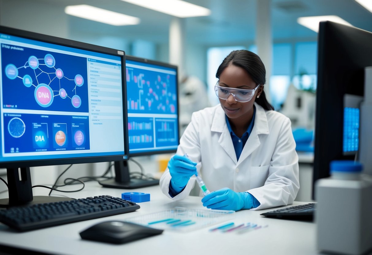 A lab technician analyzes DNA samples in a modern laboratory, surrounded by high-tech equipment and computer screens displaying genetic data