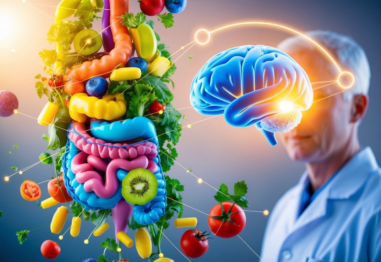 A colorful, interconnected network of intestines with vibrant, healthy foods surrounding it, and a bright, clear brain hovering above, connected by a glowing pathway