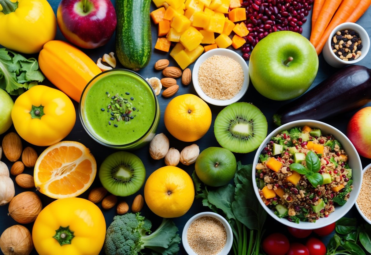 A colorful array of fresh fruits, vegetables, nuts, and grains arranged on a table, with a vibrant green smoothie and a bowl of quinoa salad