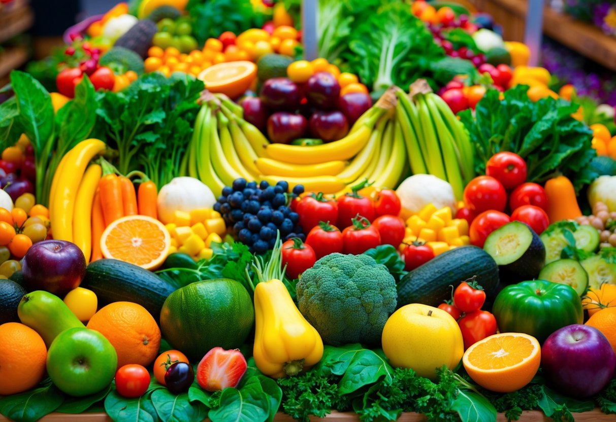 A vibrant array of colorful fruits, vegetables, and leafy greens arranged in a bountiful display, radiating health and energy